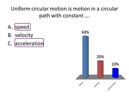 Uniform circular motion is motion in a circular path with constant …. A.speed B.velocity C.acceleration.