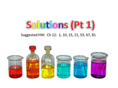 Suggested HW: Ch 12: 1, 10, 15, 21, 53, 67, 81. Aqueous Solutions Much of the chemistry that affects us occurs among substances dissolved in water (proteins,