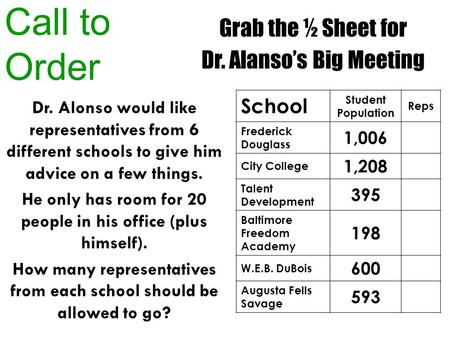 Call to Order Dr. Alonso would like representatives from 6 different schools to give him advice on a few things. He only has room for 20 people in his.