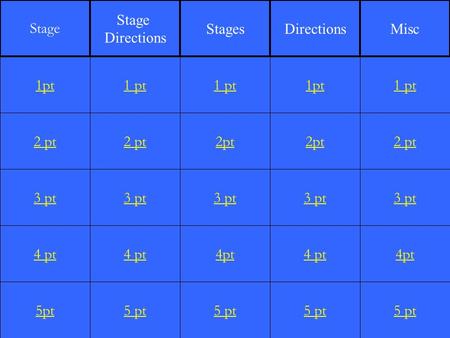 2 pt 3 pt 4 pt 5pt 1 pt 2 pt 3 pt 4 pt 5 pt 1 pt 2pt 3 pt 4pt 5 pt 1pt 2pt 3 pt 4 pt 5 pt 1 pt 2 pt 3 pt 4pt 5 pt 1pt Stage Directions StagesDirectionsMisc.