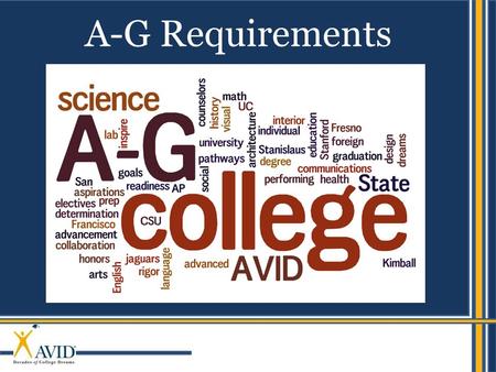 AVID’s mission is to close the achievement gap by preparing all students for college readiness and success in a global society. A-G Requirements.