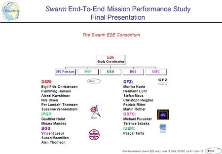 Final Presentation, Swarm E2E study, June 18, 2004, ESTEC, nio #1 1-Nov-15 Swarm End-To-End Mission Performance Study Final Presentation The Swarm E2E.