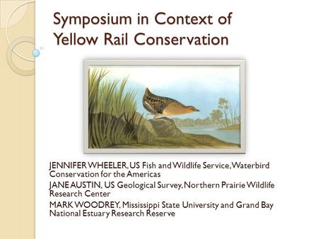 Symposium in Context of Yellow Rail Conservation JENNIFER WHEELER, US Fish and Wildlife Service, Waterbird Conservation for the Americas JANE AUSTIN, US.