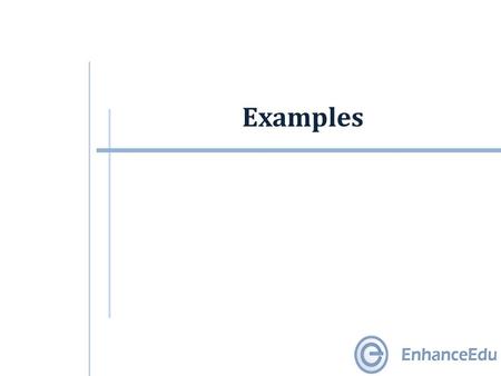 Examples. Examples (1/11)  Example #1: f(A,B,C,D) =  m(2,3,4,5,7,8,10,13,15) Fill in the 1’s. 1 1 C A 00 01 11 10 00 01 11 10 B CD AB 1 1 1 1 D 1 1.