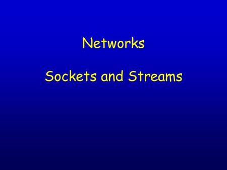 Networks Sockets and Streams. TCP/IP in action server ports 13 17 80 …65535 lower port numbers (1..1023) are reserved port echo7 time13 ftp20 telnet23.