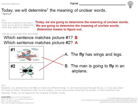 1 st Grade Reading Comprehension 2.4 Use context to resolve ambiguities about word and sentence meanings. Lesson to be used by EDI trained teachers only.