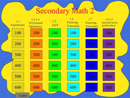 100 200 300 400 1.2-1.4 Polynomial Operations 1.5 GCF 1.6 Factoring Trinomials 1.7 Factoring Trinomials Secondary Math 2 1.1 Expressions 500 600 100 200.