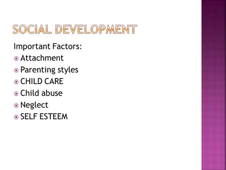 Important Factors:  Attachment  Parenting styles  CHILD CARE  Child abuse  Neglect  SELF ESTEEM.