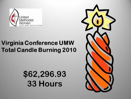 Virginia Conference UMW Total Candle Burning 2010 $62,296.93 33 Hours.