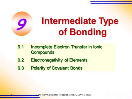 New Way Chemistry for Hong Kong A-Level Book 11 Intermediate Type of Bonding 9.1Incomplete Electron Transfer in Ionic Compounds 9.2Electronegativity of.