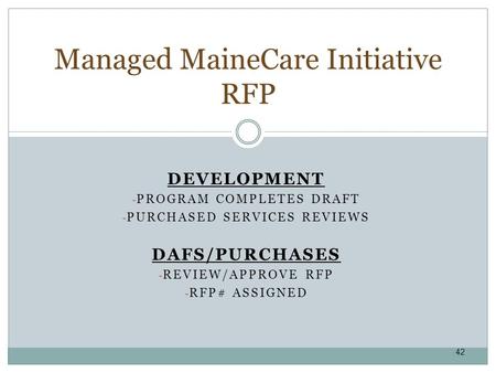 DEVELOPMENT - PROGRAM COMPLETES DRAFT - PURCHASED SERVICES REVIEWS DAFS/PURCHASES - REVIEW/APPROVE RFP - RFP# ASSIGNED Managed MaineCare Initiative RFP.