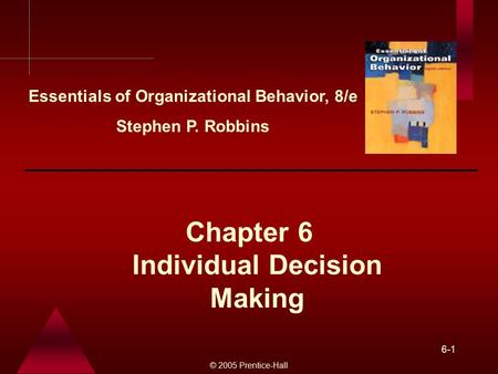 © 2005 Prentice-Hall 6-1 Individual Decision Making Chapter 6 Essentials of Organizational Behavior, 8/e Stephen P. Robbins.