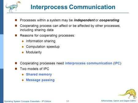 3.1 Silberschatz, Galvin and Gagne ©2013 Operating System Concepts Essentials – 9 th Edition Interprocess Communication Processes within a system may be.