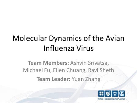 Molecular Dynamics of the Avian Influenza Virus Team Members: Ashvin Srivatsa, Michael Fu, Ellen Chuang, Ravi Sheth Team Leader: Yuan Zhang.