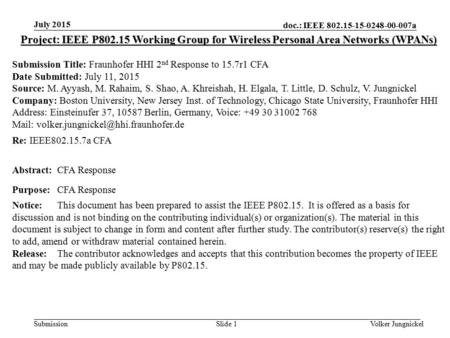 Doc.: IEEE 802.15-15-0248-00-007a Submission Slide 1 Project: IEEE P802.15 Working Group for Wireless Personal Area Networks (WPANs) Submission Title: