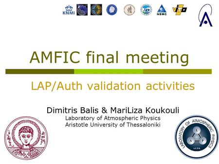 AMFIC final meeting LAP/Auth validation activities Dimitris Balis & MariLiza Koukouli Laboratory of Atmospheric Physics Aristotle University of Thessaloniki.