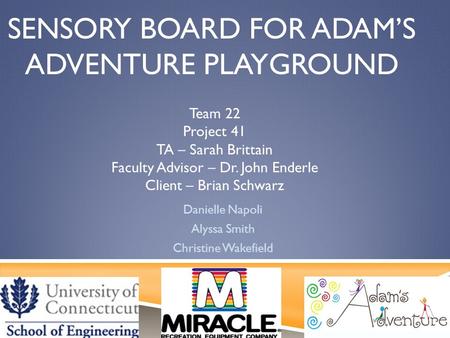 SENSORY BOARD FOR ADAM’S ADVENTURE PLAYGROUND Danielle Napoli Alyssa Smith Christine Wakefield Team 22 Project 41 TA – Sarah Brittain Faculty Advisor –