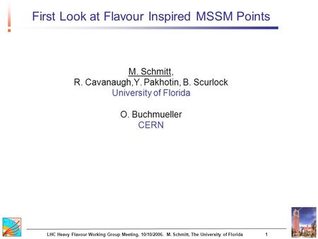 LHC Heavy Flavour Working Group Meeting, 10/10/2006. M. Schmitt, The University of Florida1 First Look at Flavour Inspired MSSM Points M. Schmitt, R. Cavanaugh,Y.