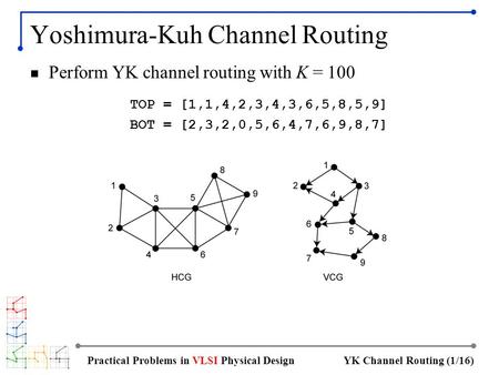 YK Channel Routing (1/16)Practical Problems in VLSI Physical Design Yoshimura-Kuh Channel Routing Perform YK channel routing with K = 100 TOP = [1,1,4,2,3,4,3,6,5,8,5,9]