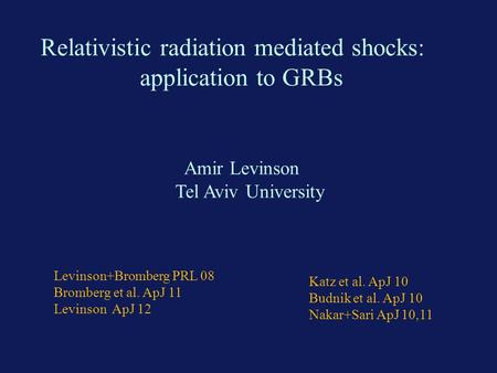 Amir Levinson Tel Aviv University Levinson+Bromberg PRL 08 Bromberg et al. ApJ 11 Levinson ApJ 12 Katz et al. ApJ 10 Budnik et al. ApJ 10 Nakar+Sari ApJ.