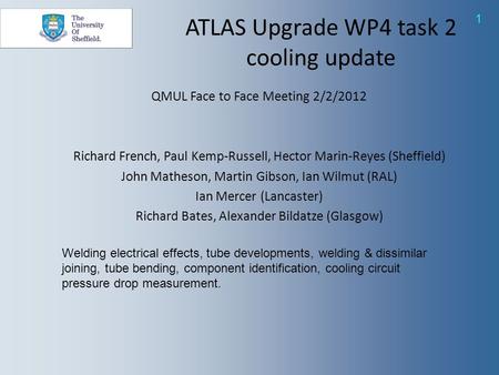 1 QMUL Face to Face Meeting 2/2/2012 Richard French, Paul Kemp-Russell, Hector Marin-Reyes (Sheffield) John Matheson, Martin Gibson, Ian Wilmut (RAL) Ian.