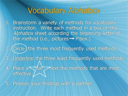 Vocabulary Alphabox 1.Brainstorm a variety of methods for vocabulary instruction. Write each method in a box on the Alphabox sheet according the beginning.