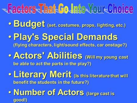 Budget (set, costumes, props, lighting, etc.)Budget (set, costumes, props, lighting, etc.) Play's Special Demands (flying characters, light/sound effects,