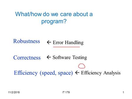 What/how do we care about a program? Robustness Correctness Efficiency (speed, space) 11/2/20151IT 179  Software Testing  Error Handling  Efficiency.