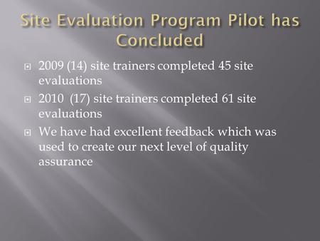  2009 (14) site trainers completed 45 site evaluations  2010 (17) site trainers completed 61 site evaluations  We have had excellent feedback which.