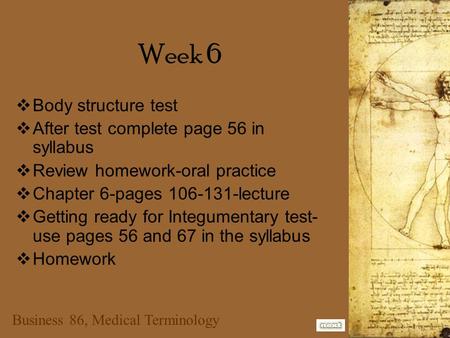 Business 86, Medical Terminology Week 6  Body structure test  After test complete page 56 in syllabus  Review homework-oral practice  Chapter 6-pages.