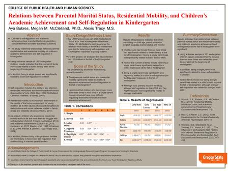 V v Relations between Parental Marital Status, Residential Mobility, and Children’s Academic Achievement and Self-Regulation in Kindergarten Aya Bukres,