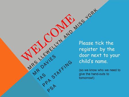 WELCOME MRS LLEWELLYN AND MISS YORK MR DAVIES TAS PPA STAFFING PSA Please tick the register by the door next to your child’s name. (so we know who we need.