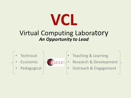 VCL Virtual Computing Labora tory An Opportunity to Lead Technical Economic Pedagogical Teaching & Learning Research & Development Outreach & Engagement.