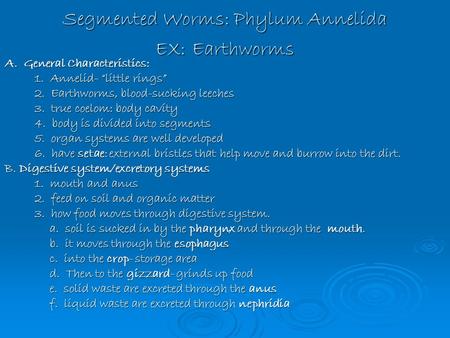 Segmented Worms: Phylum Annelida EX: Earthworms A. General Characteristics: 1. Annelid- “little rings” 2. Earthworms, blood-sucking leeches 3. true coelom: