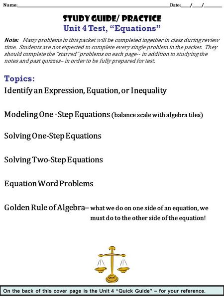 Note: Many problems in this packet will be completed together in class during review time. Students are not expected to complete every single problem in.