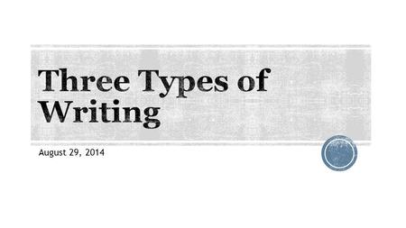 August 29, 2014.  Expository  also called informative  Persuasive  also called argumentative  Narrative.