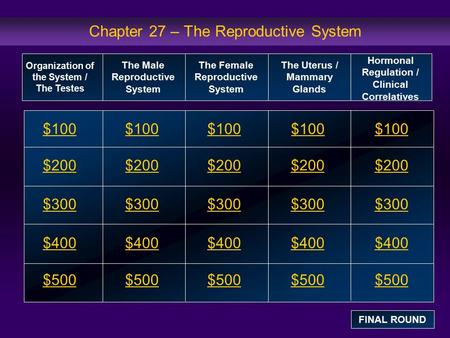 Chapter 27 – The Reproductive System $100 $200 $300 $400 $500 $100$100$100 $200 $300 $400 $500 Organization of the System / The Testes The Male Reproductive.