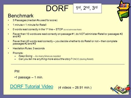 DORF Benchmark 3 Passages (median #s used for score) 1 minute + 1 minute for Retell 0 words read correctly in the 1 st line – STOP (do not administer Retell)