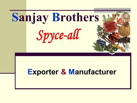 Sanjay Brothers Exporter & Manufacturer Sanjay Brothers Spices Seasonings Masalas Readymixes Sesame seed Gum Acacia, Karaya Herbs Dry fruits Chilli,