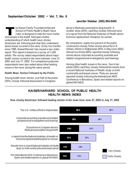 He Kaiser Family Foundation/Harvard School of Public Health’s Health News Index is designed to help the news media and people in the health field gain.