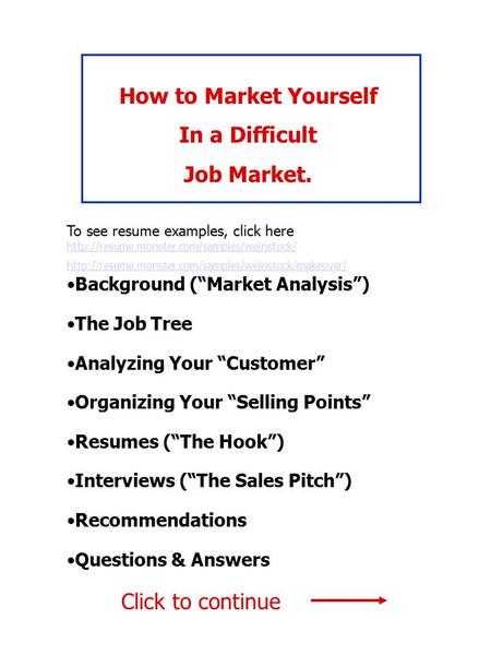 How to Market Yourself In a Difficult Job Market. Background (“Market Analysis”) The Job Tree Analyzing Your “Customer” Organizing Your “Selling Points”