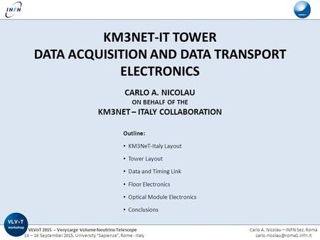 VLVnT 2015 – Very Large Volume Neutrino Telescope 14 – 16 September 2015, University “Sapienza”, Rome - Italy Carlo A. Nicolau – INFN Sez. Roma
