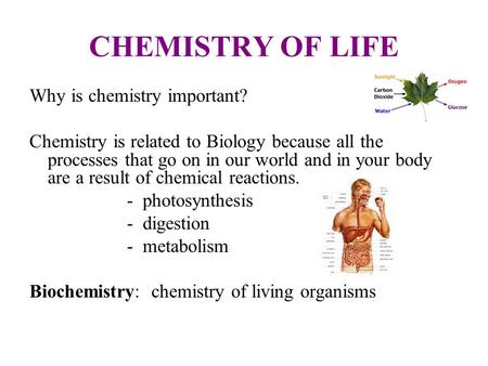 Why is chemistry important? Chemistry is related to Biology because all the processes that go on in our world and in your body are a result of chemical.