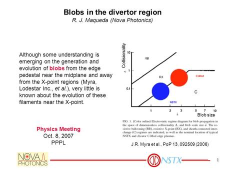 1 Blobs in the divertor region R. J. Maqueda (Nova Photonics) Although some understanding is emerging on the generation and evolution of blobs from the.