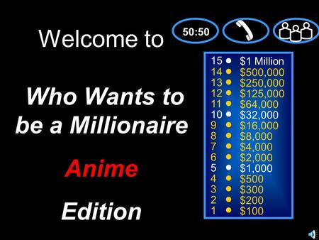 15 14 13 12 11 10 9 8 7 6 5 4 3 2 1 $1 Million $500,000 $250,000 $125,000 $64,000 $32,000 $16,000 $8,000 $4,000 $2,000 $1,000 $500 $300 $200 $100 Welcome.