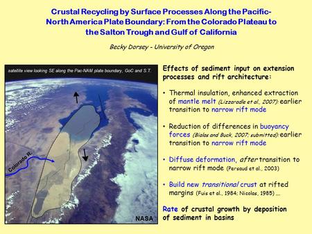 Becky Dorsey - University of Oregon Crustal Recycling by Surface Processes Along the Pacific- North America Plate Boundary: From the Colorado Plateau to.