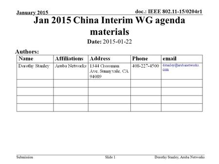 Doc.: IEEE 802.11-15/0204r1 Submission January 2015 Dorothy Stanley, Aruba Networks Jan 2015 China Interim WG agenda materials Date: 2015-01-22 Authors: