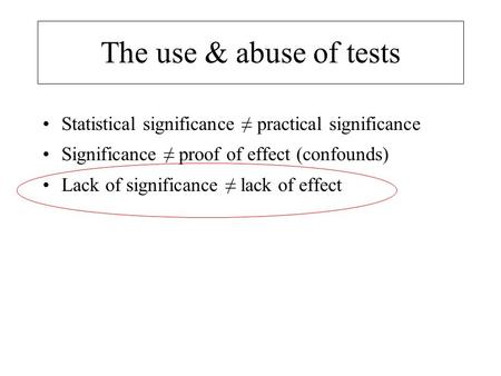 The use & abuse of tests Statistical significance ≠ practical significance Significance ≠ proof of effect (confounds) Lack of significance ≠ lack of effect.