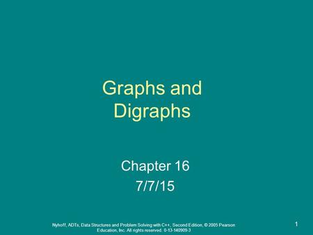 Nyhoff, ADTs, Data Structures and Problem Solving with C++, Second Edition, © 2005 Pearson Education, Inc. All rights reserved. 0-13-140909-3 1 Graphs.