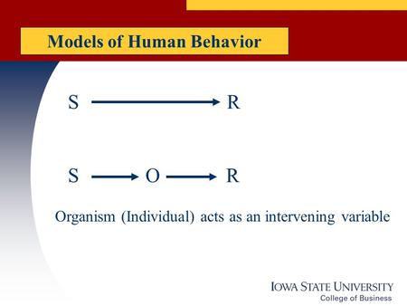 Models of Human Behavior S R S O R Organism (Individual) acts as an intervening variable.